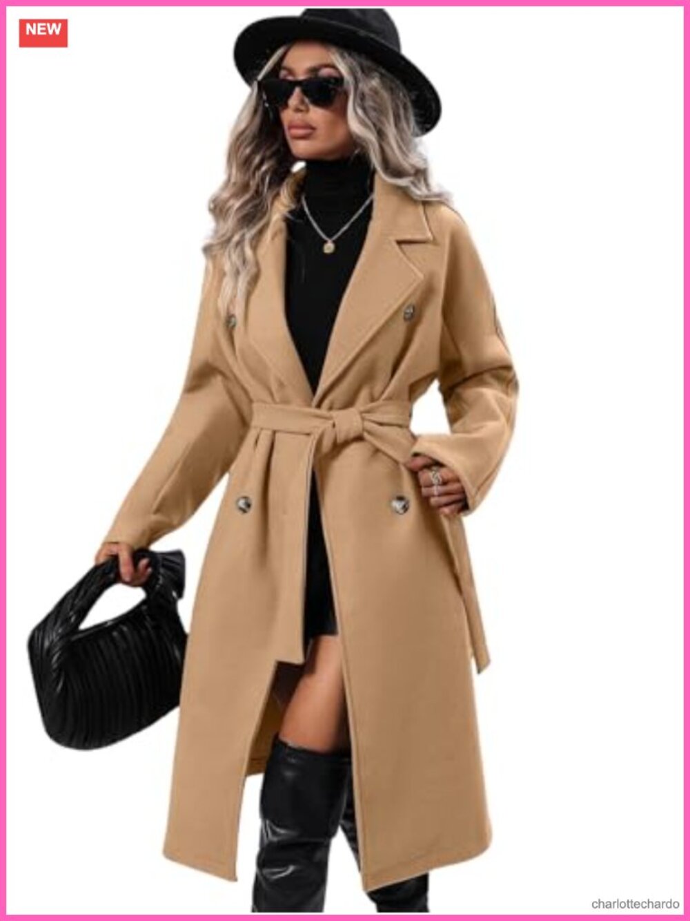Womens Long Wool Blend Pea Coat Double Breasted Notched Lapel Belted Winter